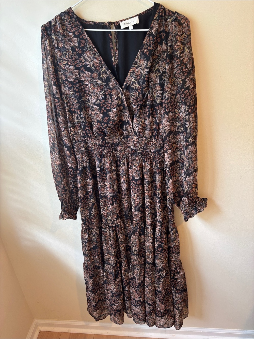bohme Black Floral V‑Neck Smocked Waist Long Sleeve Midi Dress